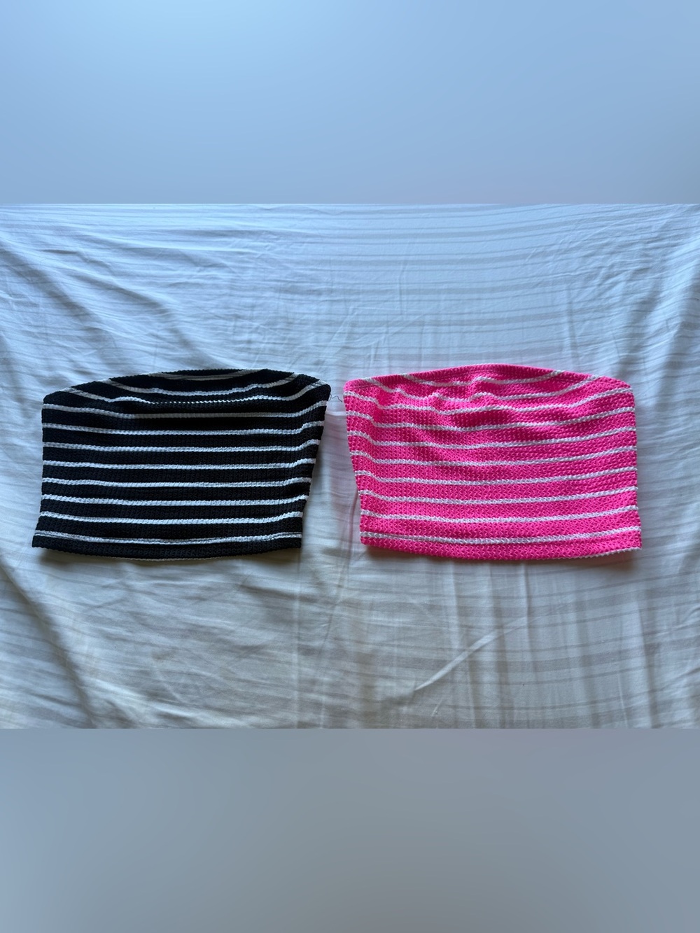 Striped Knit Tube Tops - Black & Hot Pink Set